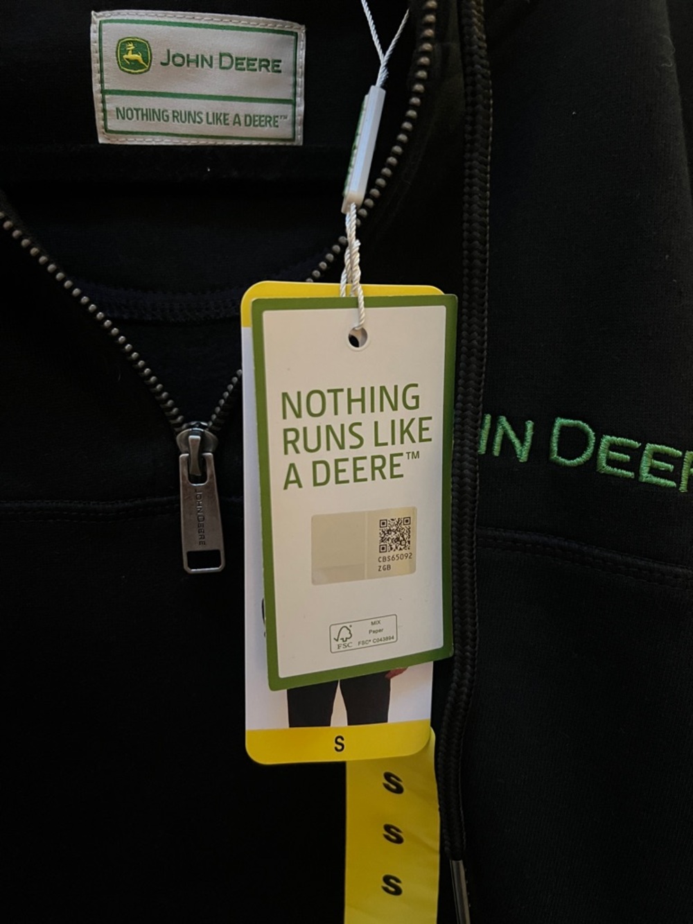 John Deere Black Hoodie with Green Logo and Yellow Tag, Adult S NWT - Picture 8 of 9